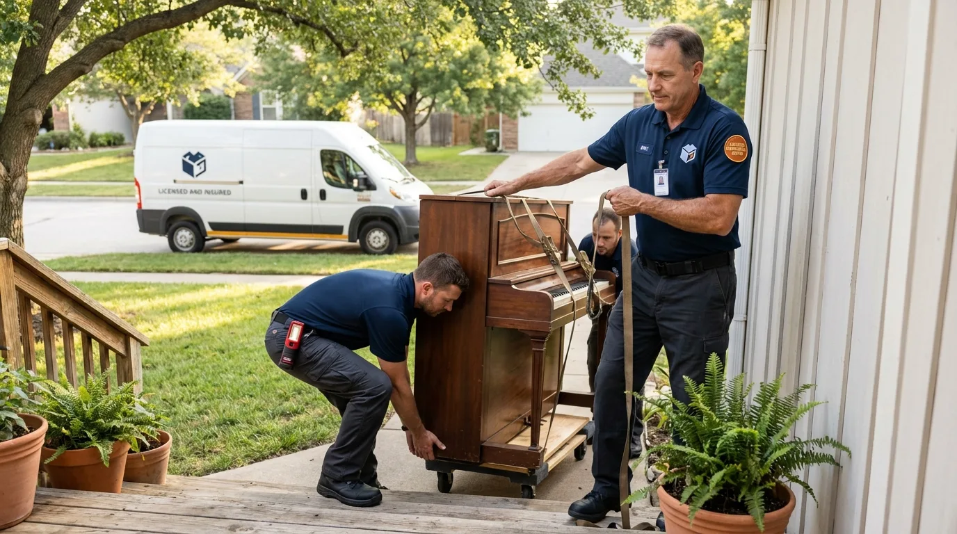 Licensed piano movers securing grand piano in Hagerman, NM