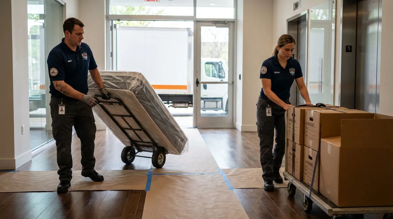 Professional apartment movers loading elevator in Hagerman, NM