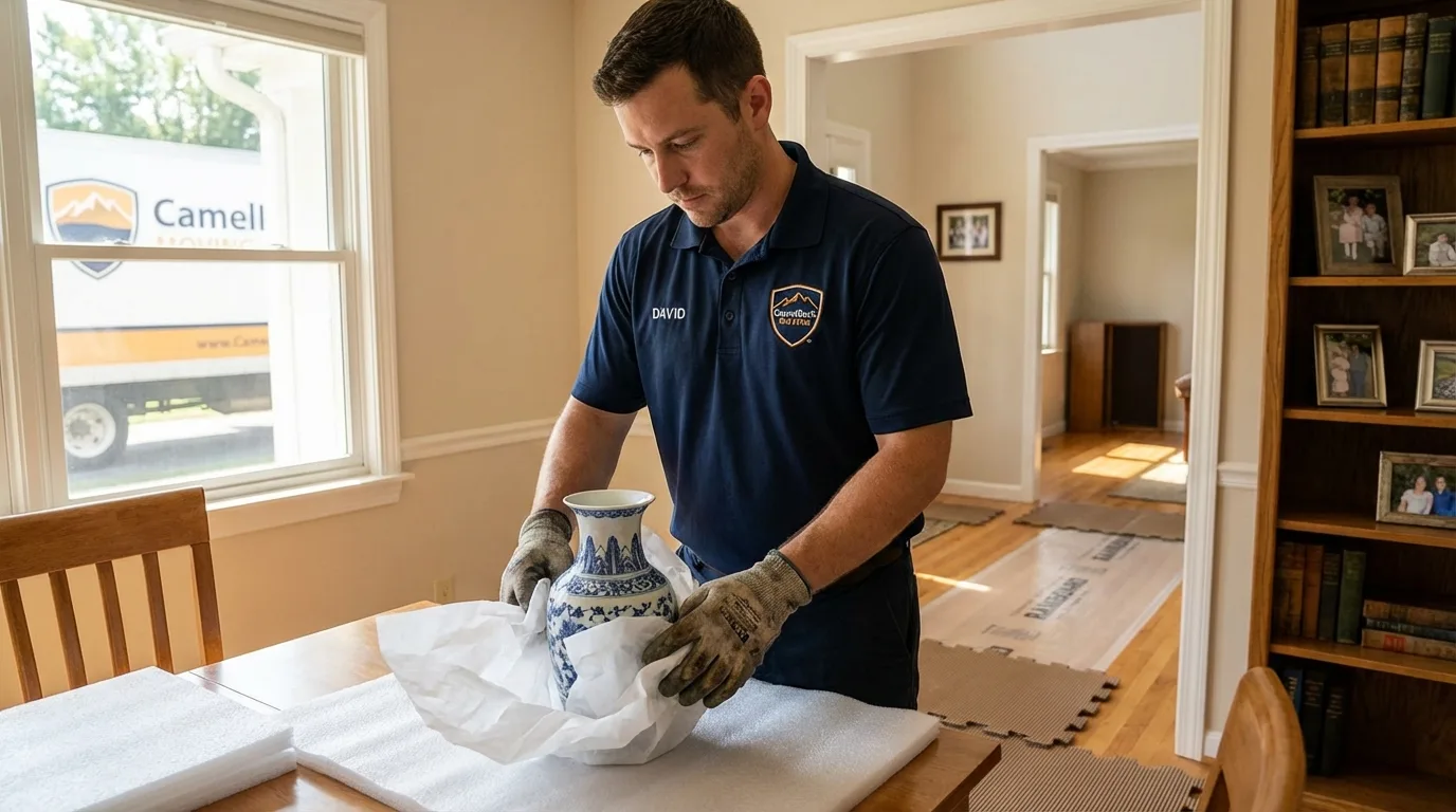 Professional crew carefully wrapping antique vase for senior downsizing move in Hagerman, NM